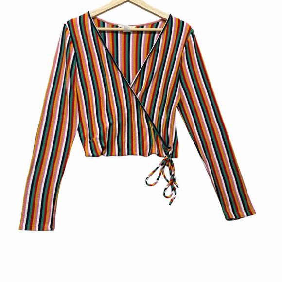Caution to the Wind Striped Faux Wrap Crop Top Long Sleeve Junior Sz L - Picture 1 of 7